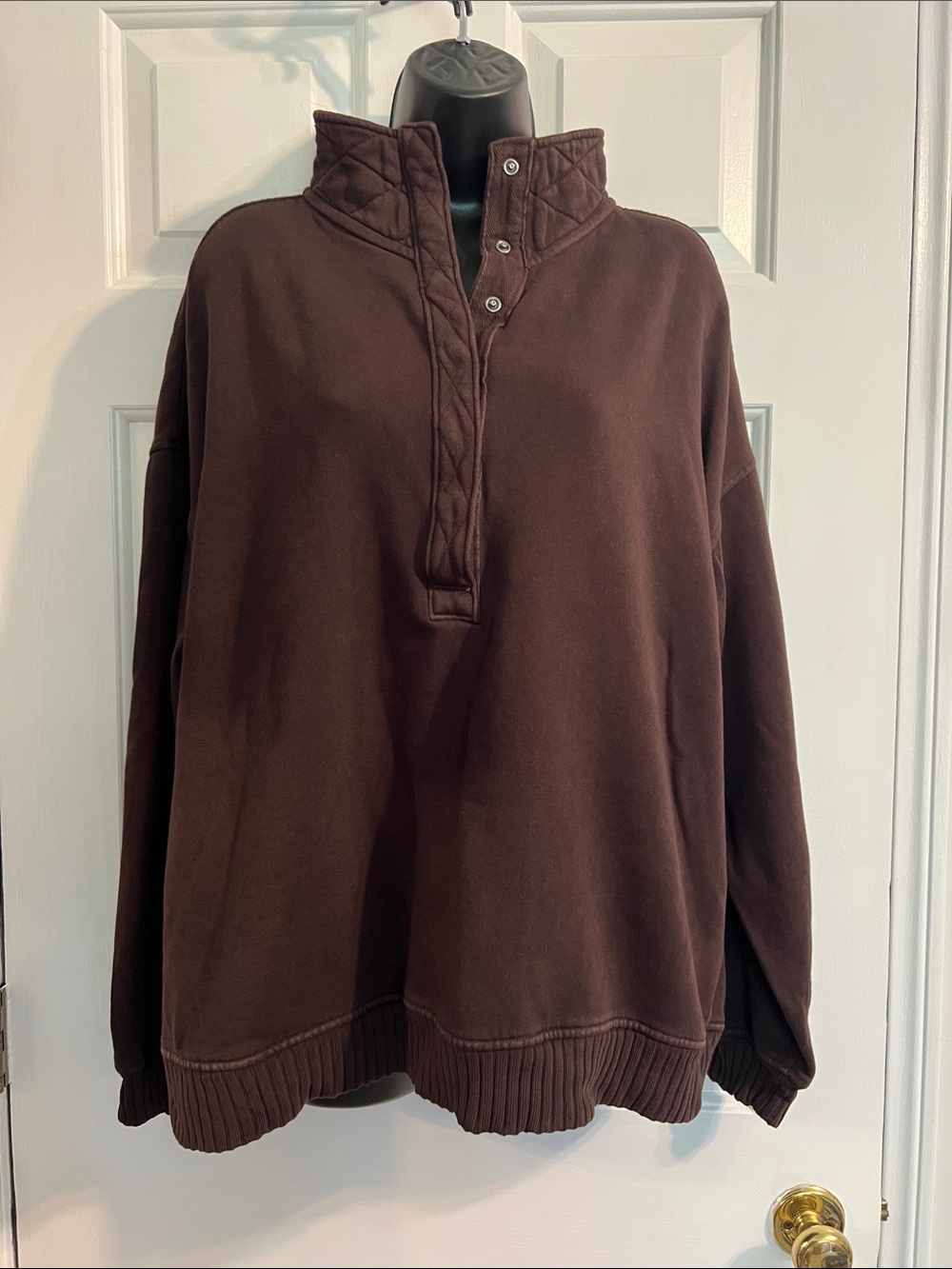 aerie Quilted-Trim Snap Pullover Sweatshirt Brown